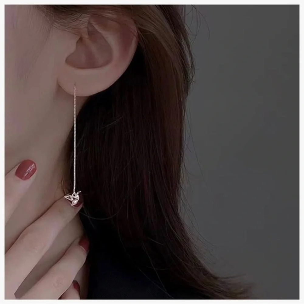 Origami Crane Bird Rose Gold Threader Earrings Delicate Long Chain Tassel - Picture 8 of 10